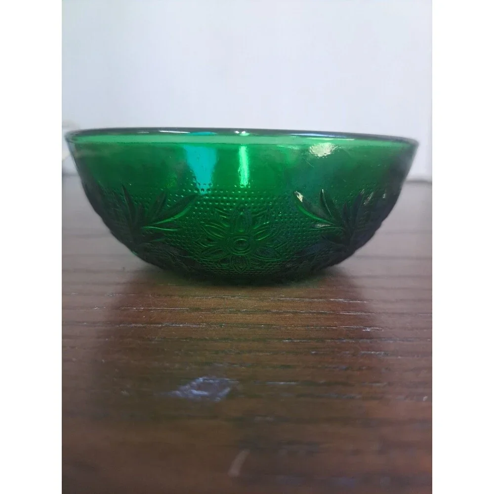 1957 Anchor Hocking Forest Green Sandwich Glass Floral And Foliage 4in Berry...